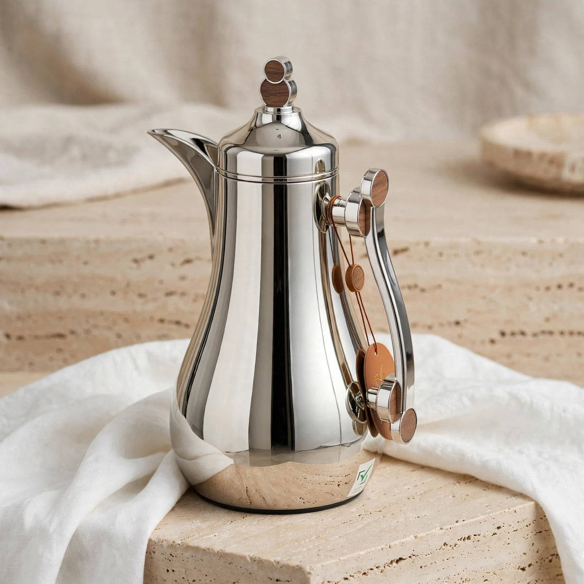 Modern Chrome & Walnut Wood 2-Piece Tea & Coffee Thermal Dallah Set – 1.0L & 1.0L
