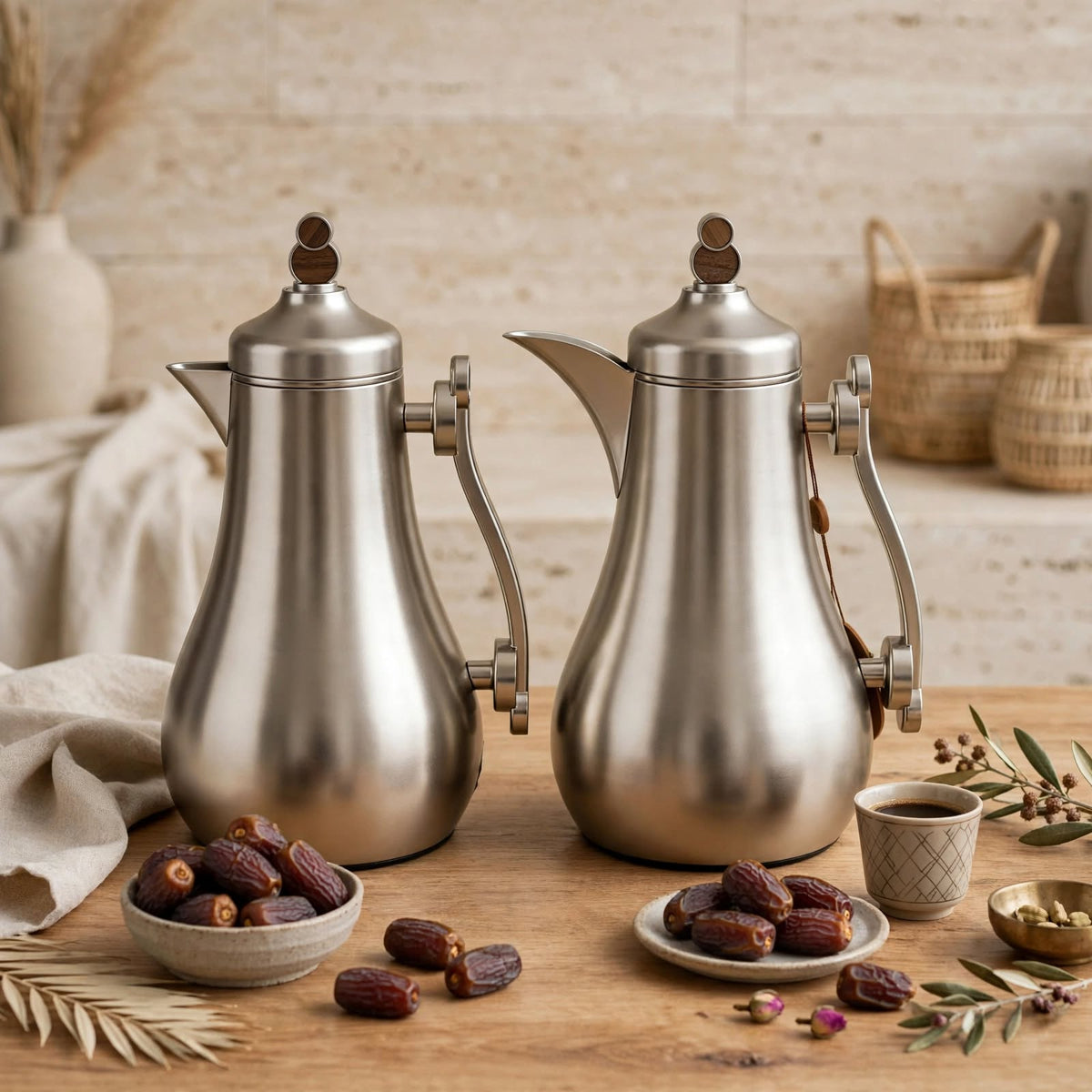 Modern Matte Brushed Silver & Wood 2-Piece Tea & Coffee Thermal Dallah Set – 1.0L & 1.0L