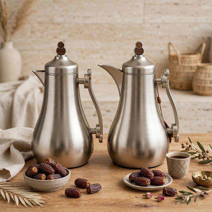 Modern Matte Brushed Silver & Wood 2-Piece Tea & Coffee Thermal Dallah Set – 1.0L & 1.0L