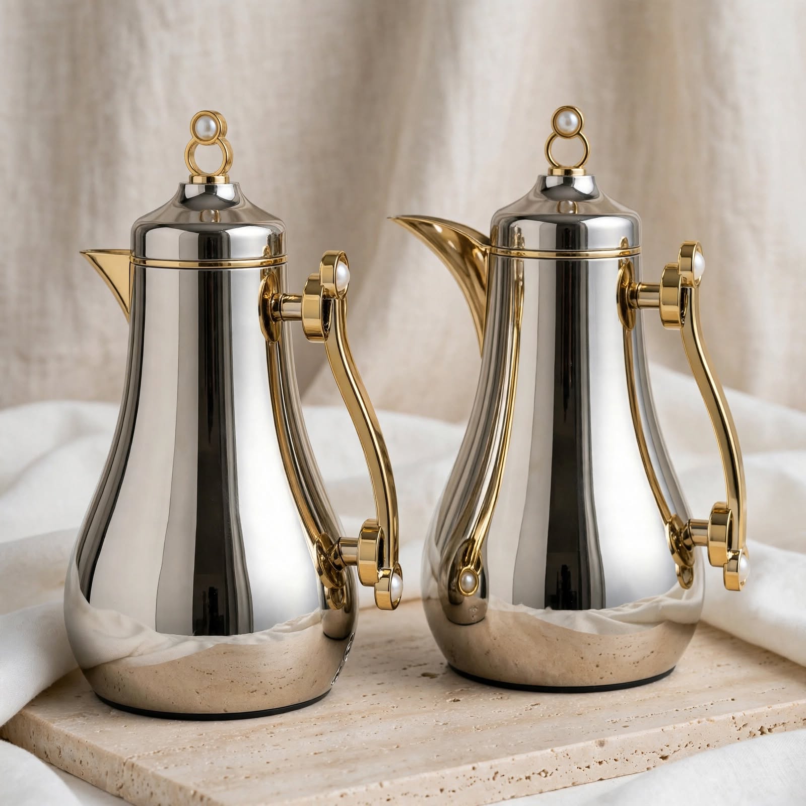 Luxury Silver & Gold 2-Piece Tea & Coffee Thermal Dallah Set with Gold Handles – 1.0L & 1.0L