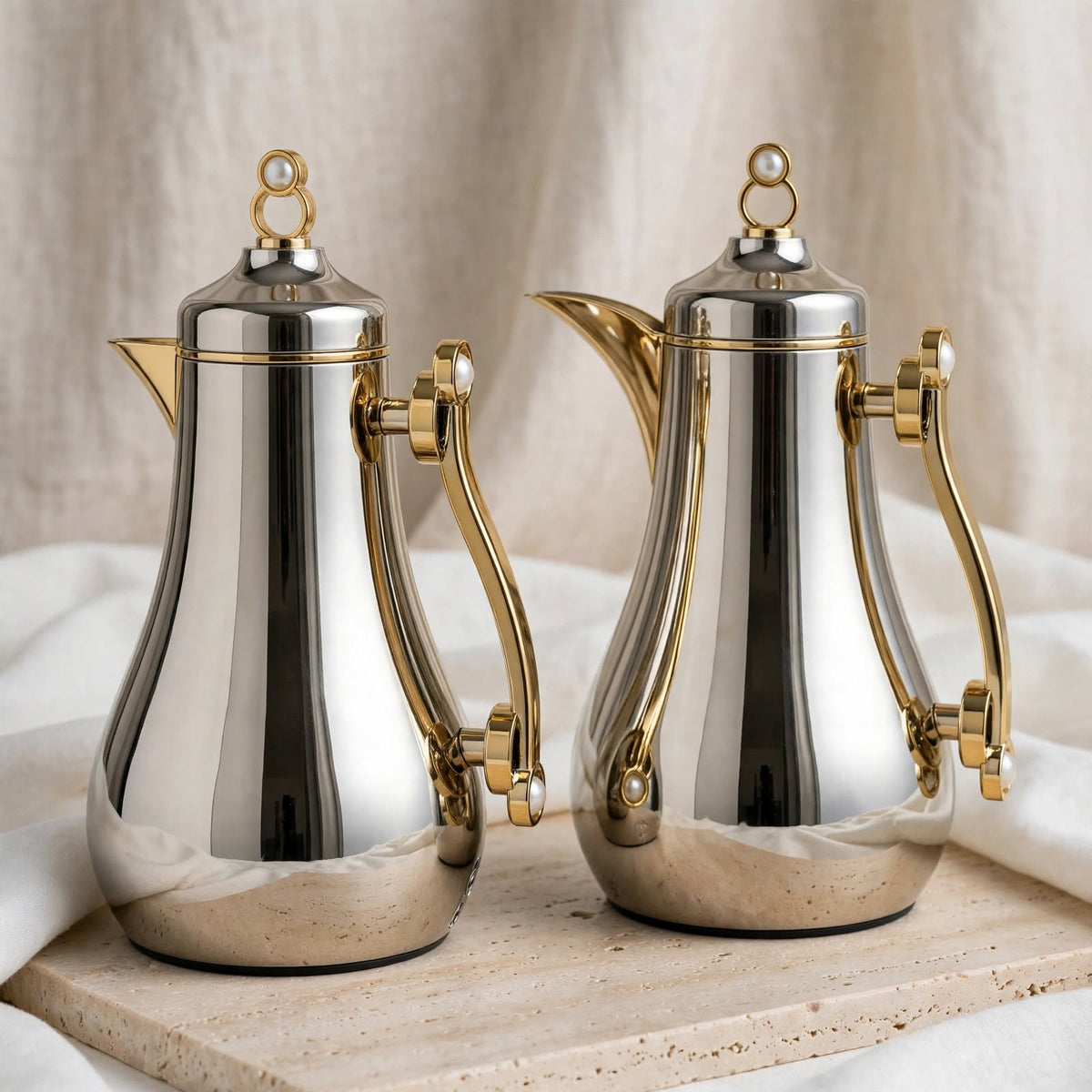 Luxury Silver & Gold 2-Piece Tea & Coffee Thermal Dallah Set with Gold Handles – 1.0L & 1.0L