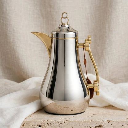 Luxury Silver & Gold 2-Piece Tea & Coffee Thermal Dallah Set with Gold Handles – 1.0L & 1.0L