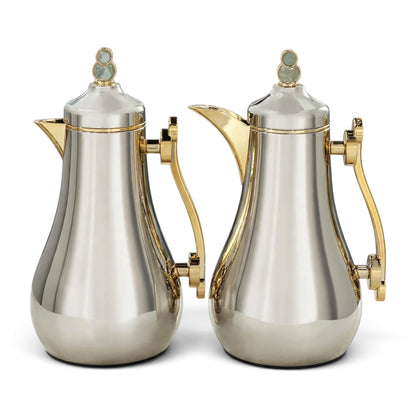 Luxury Silver & Gold 2-Piece Tea & Coffee Thermal Dallah Set with Gold Handles – 1.0L & 1.0L
