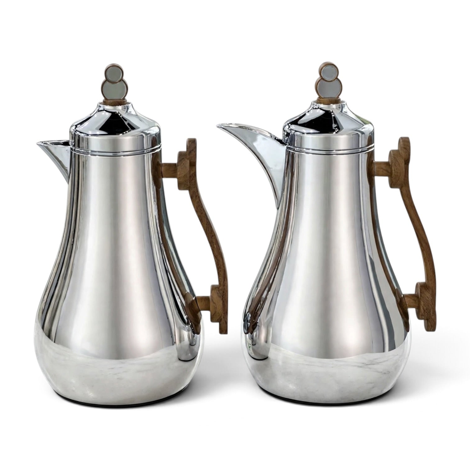 Modern Chrome & Walnut Wood 2-Piece Tea & Coffee Thermal Dallah Set – 1.0L & 1.0L