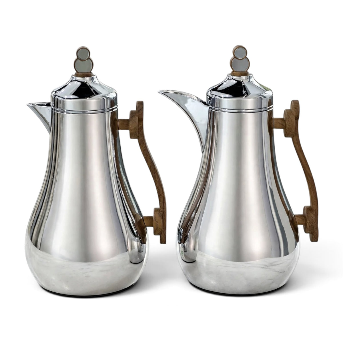 Modern Chrome & Walnut Wood 2-Piece Tea & Coffee Thermal Dallah Set – 1.0L & 1.0L