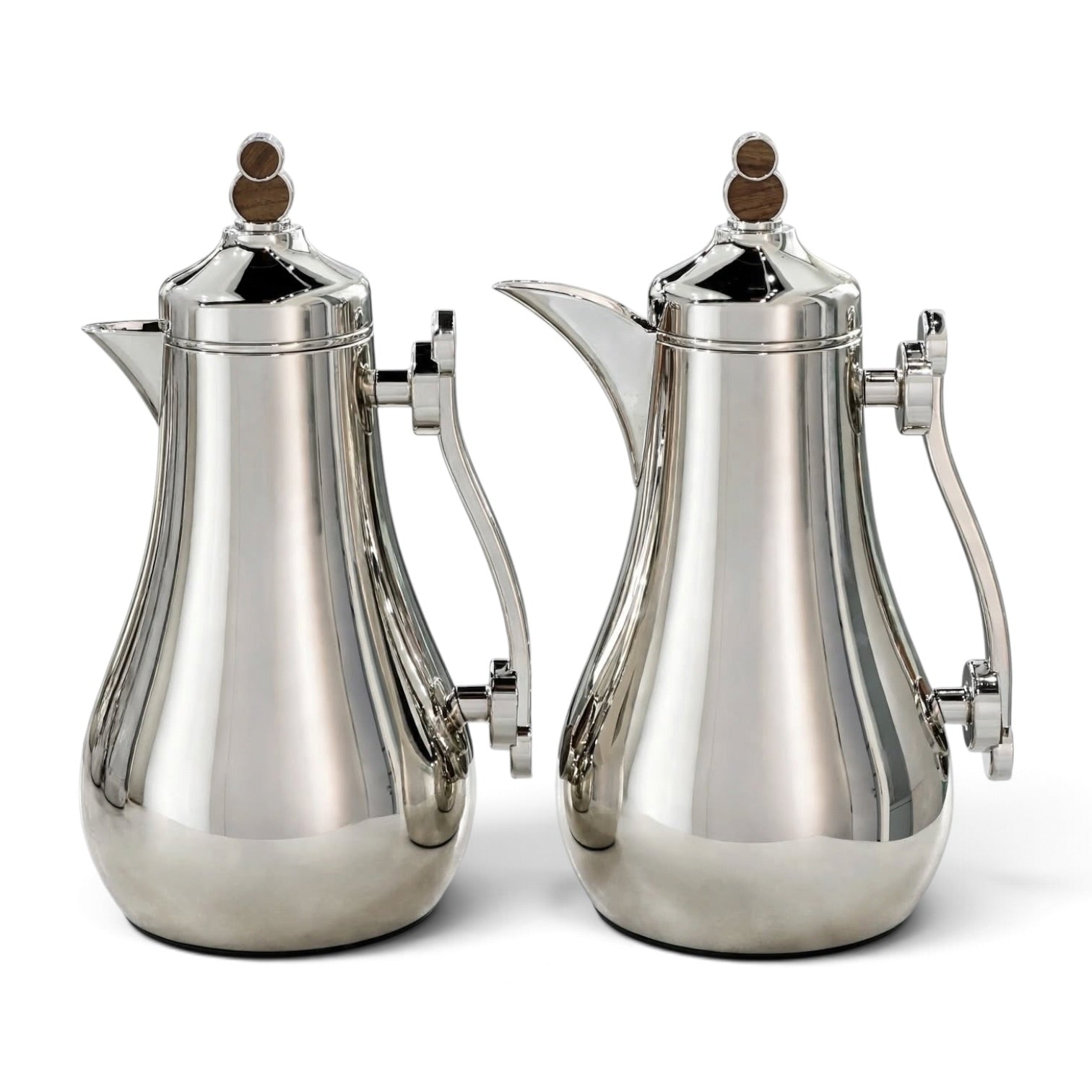 Modern Mirror Silver & Natural Wood 2-Piece Tea & Coffee Thermal Dallah Set – 1.0L & 1.0L