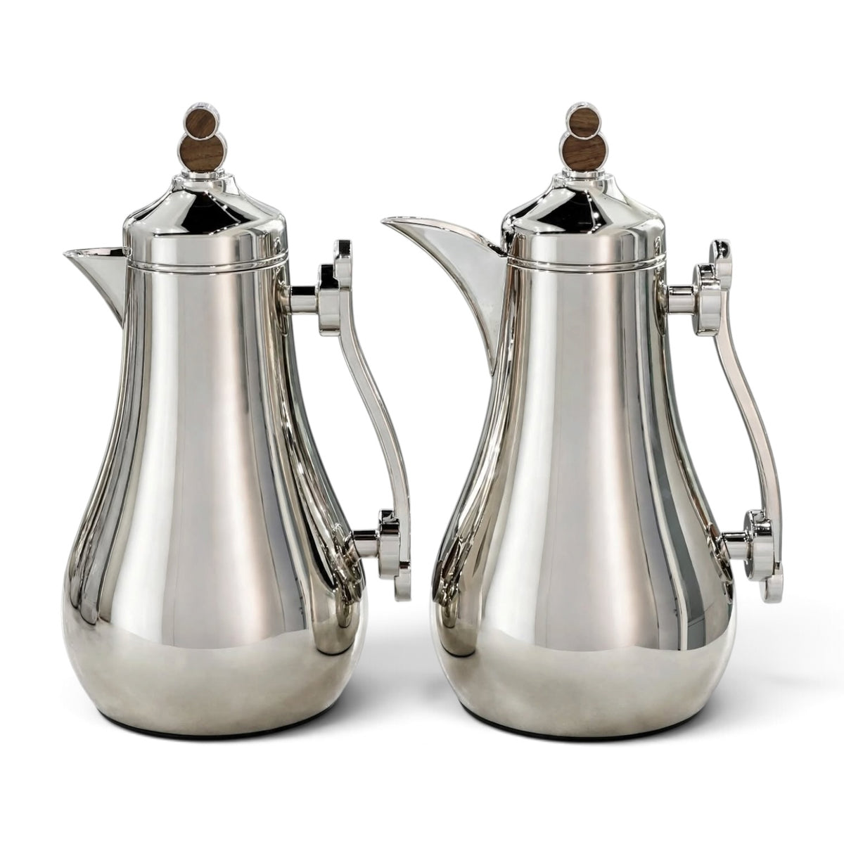 Modern Mirror Silver & Natural Wood 2-Piece Tea & Coffee Thermal Dallah Set – 1.0L & 1.0L