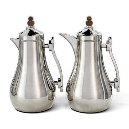 Modern Mirror Silver & Natural Wood 2-Piece Tea & Coffee Thermal Dallah Set – 1.0L & 1.0L