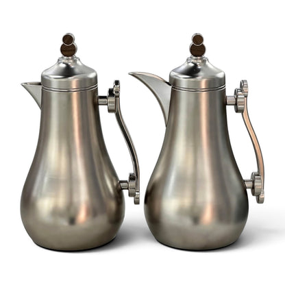 Modern Matte Brushed Silver & Wood 2-Piece Tea & Coffee Thermal Dallah Set – 1.0L & 1.0L