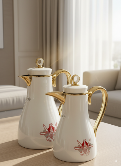 PILSCO Oman Logo Double Set – Coffee & Tea Thermal Flask (White & Gold, 1L + 0.7L)