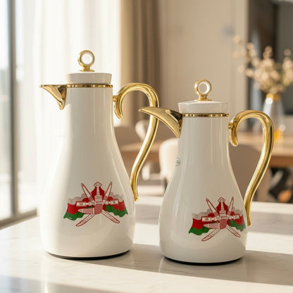 PILSCO Oman Logo Double Set – Coffee & Tea Thermal Flask (White & Gold, 1L + 0.7L)