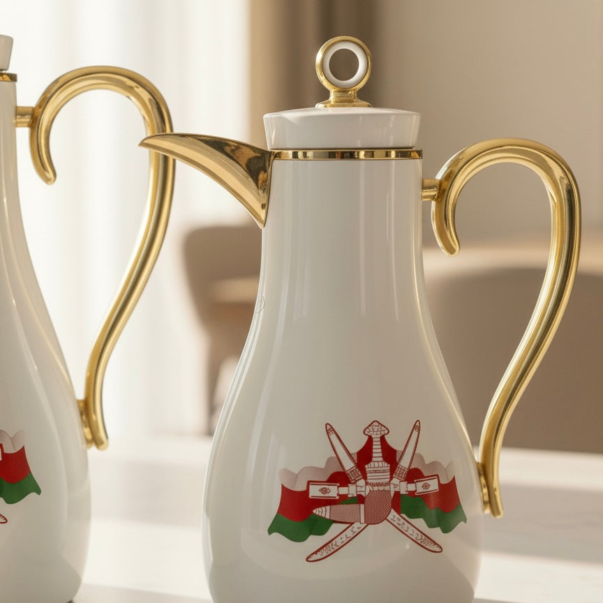 PILSCO Oman Logo Double Set – Coffee & Tea Thermal Flask (White & Gold, 1L + 0.7L)