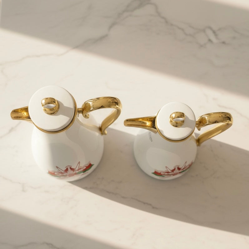 PILSCO Oman Logo Double Set – Coffee & Tea Thermal Flask (White & Gold, 1L + 0.7L)