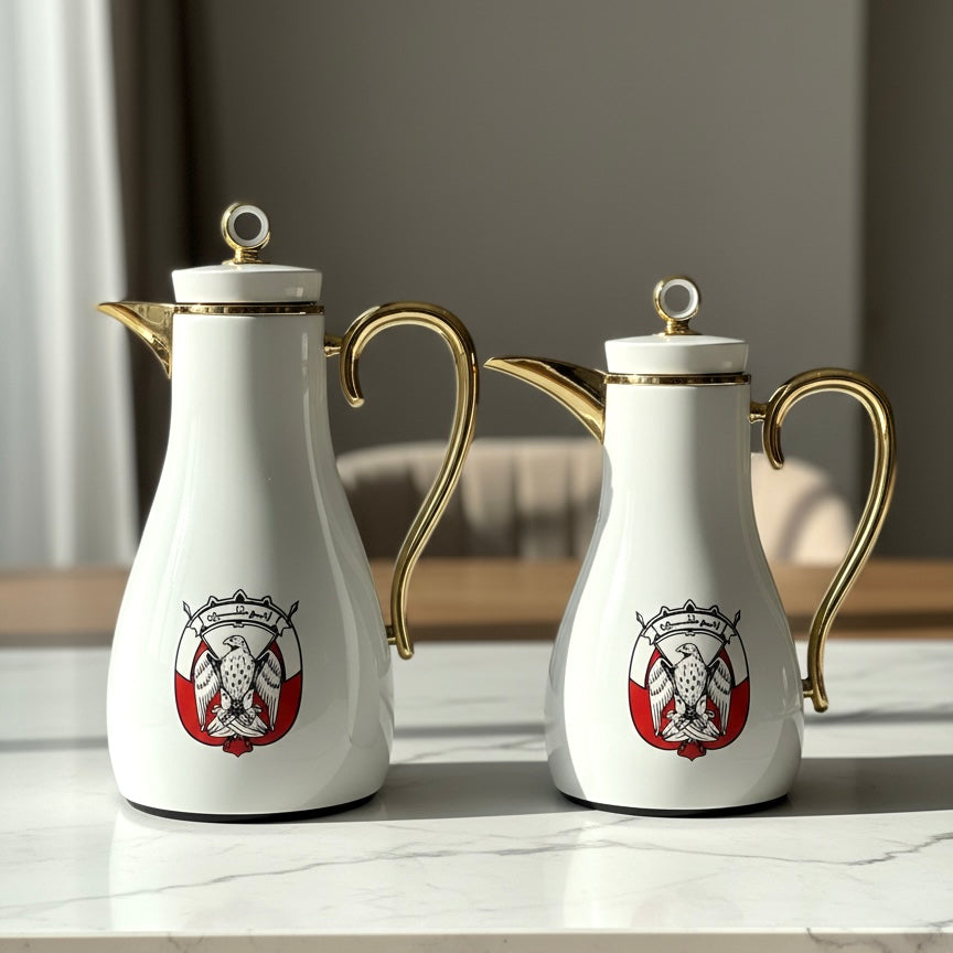 PILSCO AD Logo Double Set – Coffee & Tea Thermal Flask (White & Gold, 1L + 0.7L)