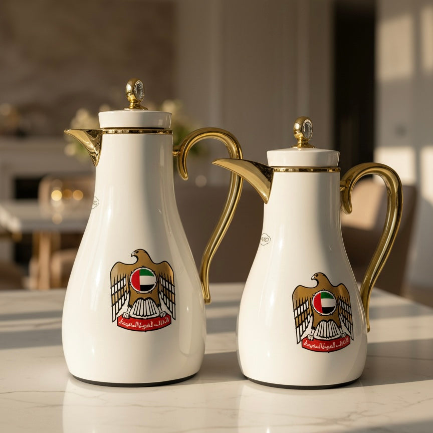 UAE Logo Double Set – Coffee & Tea Thermal Flask (White & Gold, 1L + 0.7L)