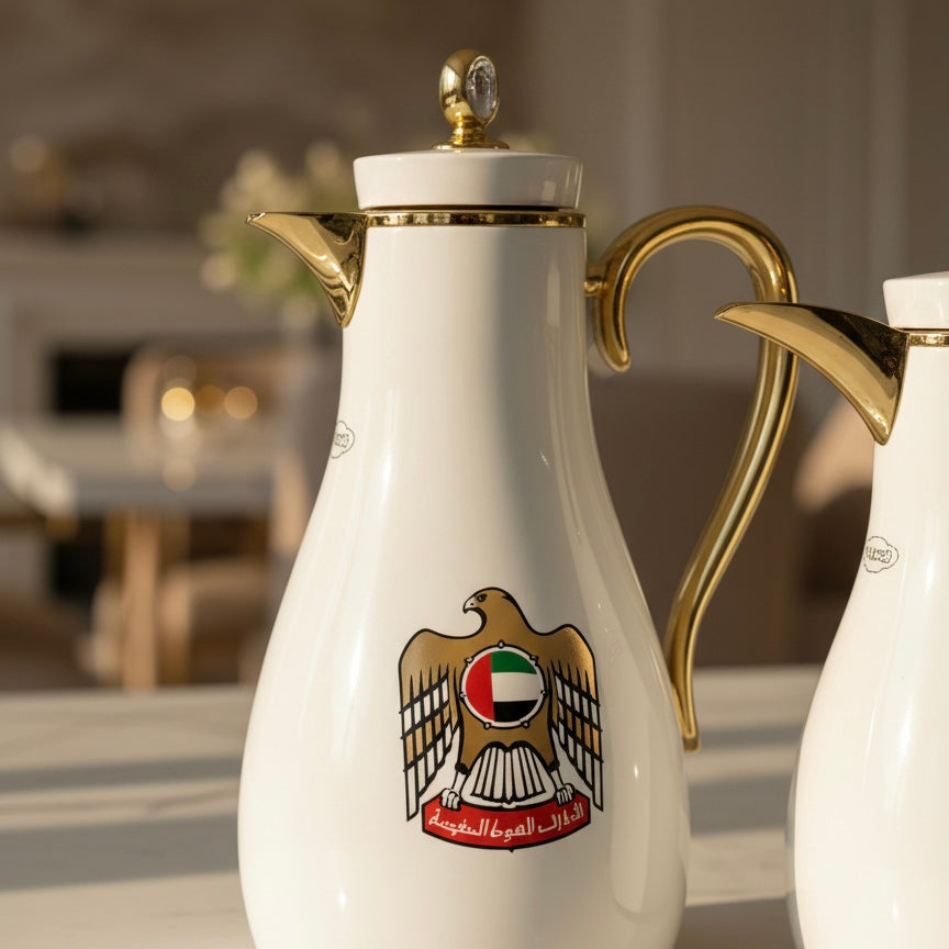UAE Logo Double Set – Coffee & Tea Thermal Flask (White & Gold, 1L + 0.7L)
