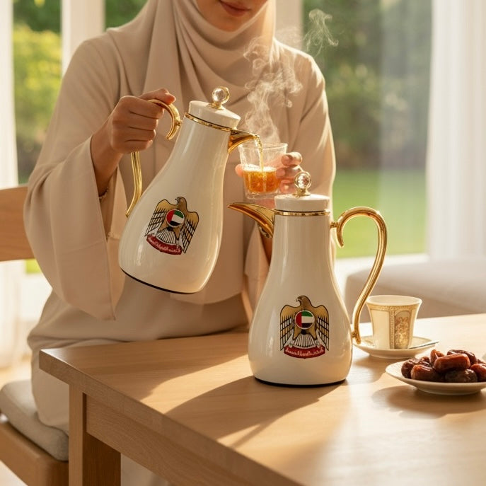 UAE Logo Double Set – Coffee & Tea Thermal Flask (White & Gold, 1L + 0.7L)
