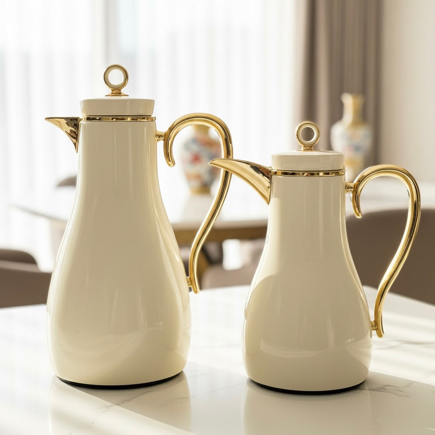 PILSCO  Premium Double Set – Coffee & Tea Thermal Flask (White & Gold, 1L + 0.7L)