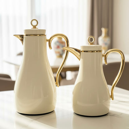 PILSCO  Premium Double Set – Coffee & Tea Thermal Flask (White & Gold, 1L + 0.7L)