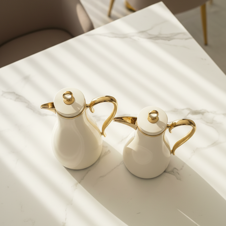 PILSCO  Premium Double Set – Coffee & Tea Thermal Flask (White & Gold, 1L + 0.7L)