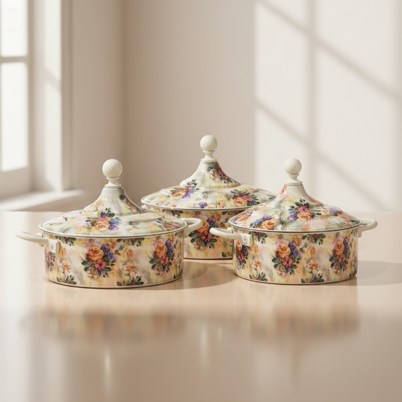 Floral Food Warmer Set Beige – 3 Pieces (2.5L, 3.5L, 5.5L)