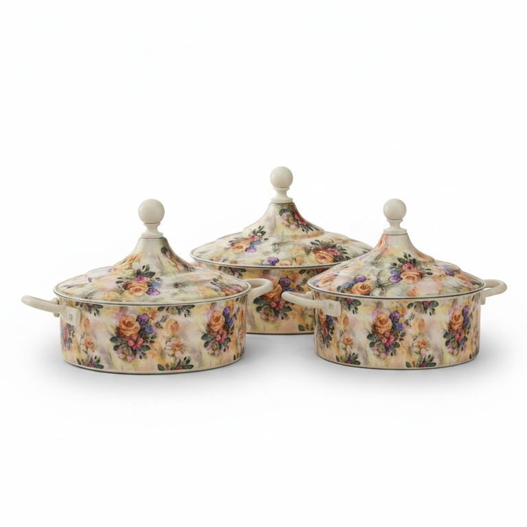 Floral Food Warmer Set Beige – 3 Pieces (2.5L, 3.5L, 5.5L)