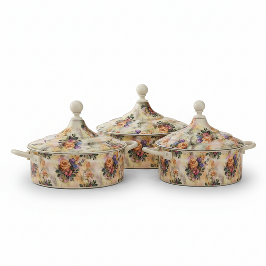 Floral Food Warmer Set Beige – 3 Pieces (2.5L, 3.5L, 5.5L)