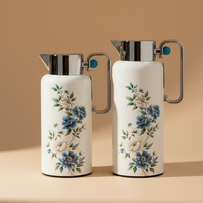 Najib Floral Dallah Set – 0.7L & 1L - W/Blue flower - Mawaeen