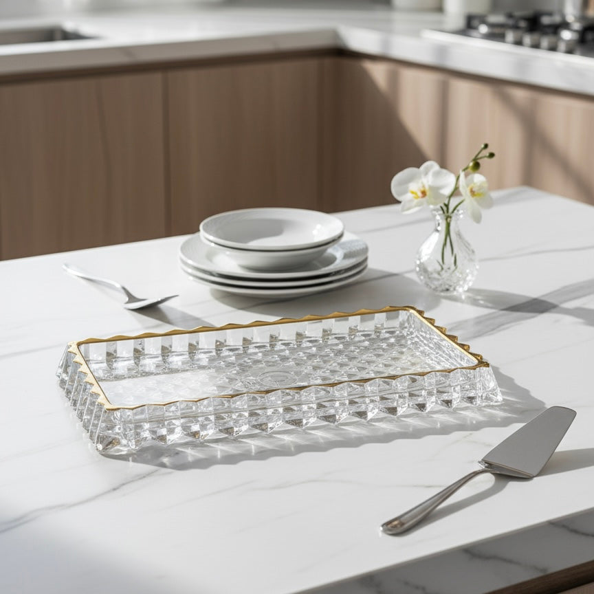 Mawaeen Luxury Glass Cake Plate – Golden Rim