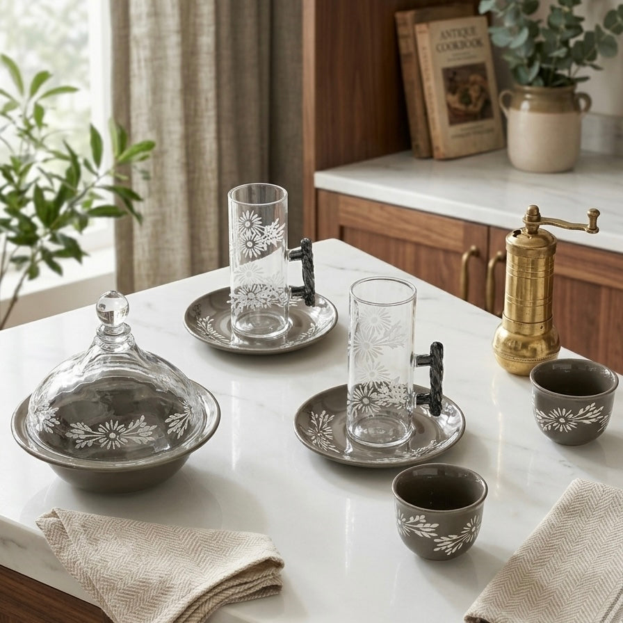 Tea & Coffee Serving Set Brown – 19 Pieces - Mawaeen