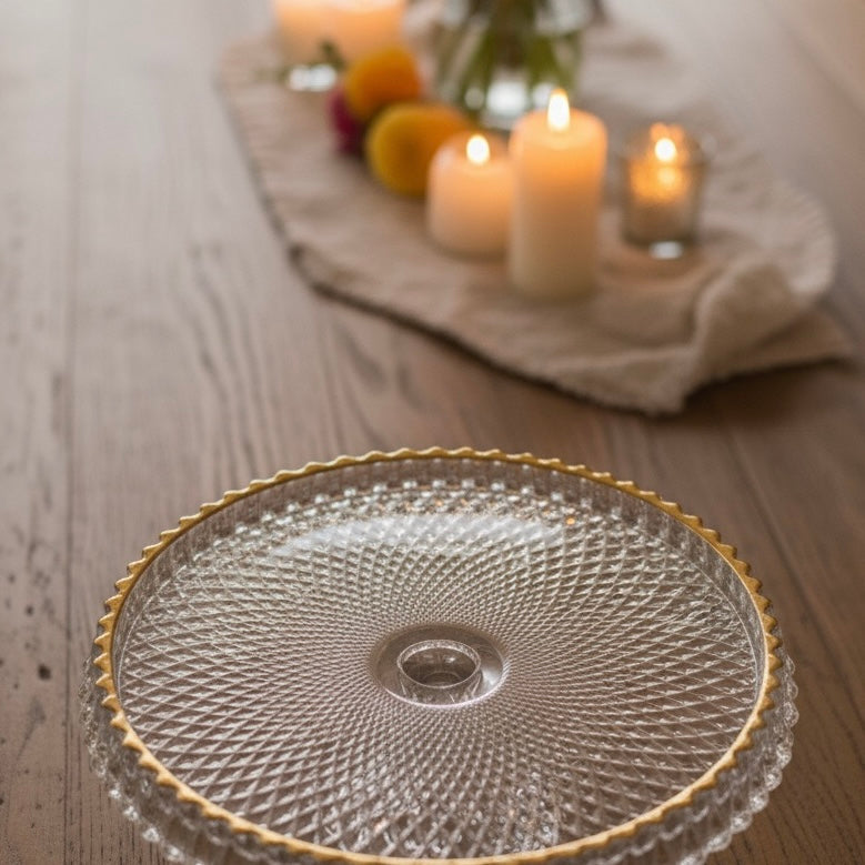 Mawaeen Round Luxury Glass Cake Stand with Golden Rim (L)