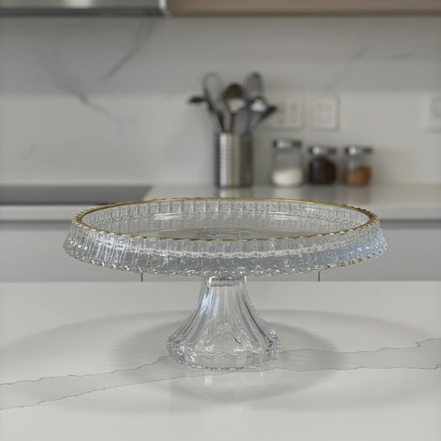 Mawaeen Round Luxury Glass Cake Stand with Golden Rim (L)