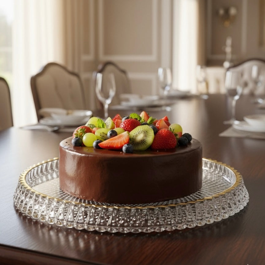 Mawaeen Round Luxury Glass Cake Plate with Golden Rim (L)