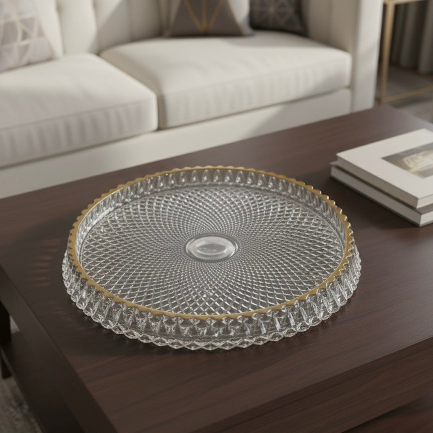 Mawaeen Round Luxury Glass Cake Plate with Golden Rim (L)