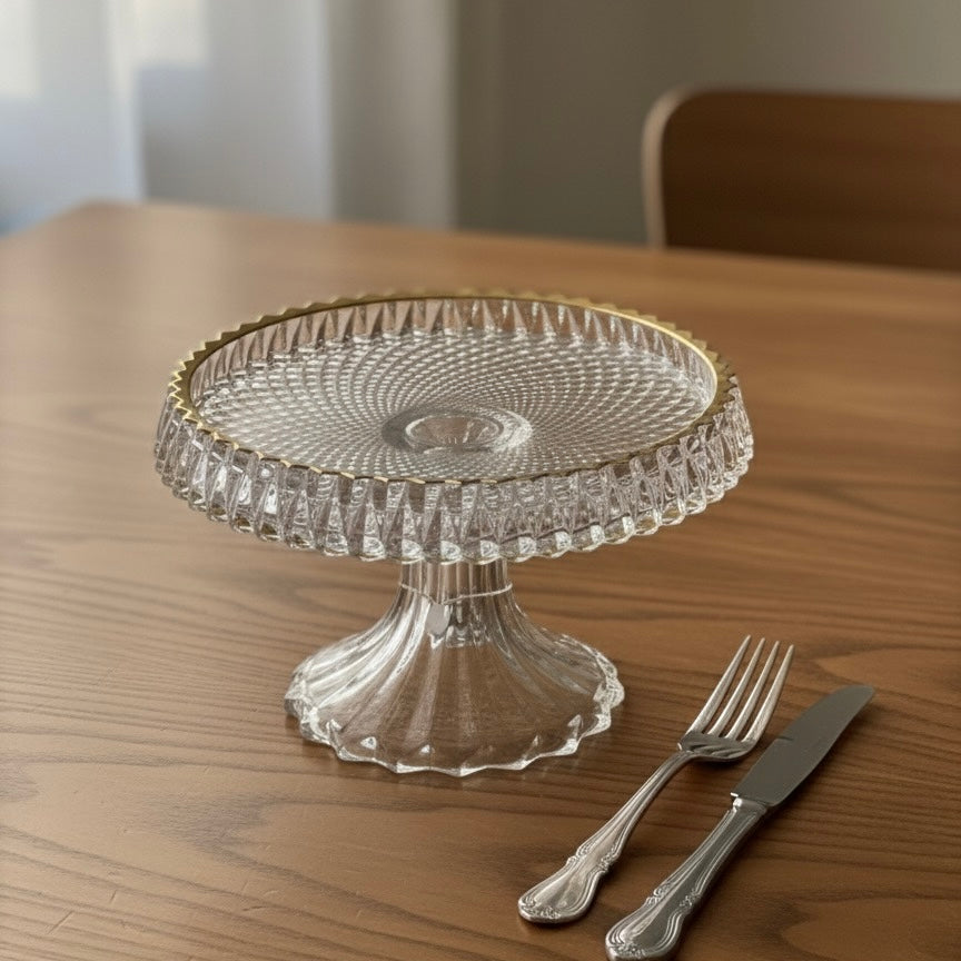Mawaeen Round Luxury Glass Cake Stand with Golden Rim (S)