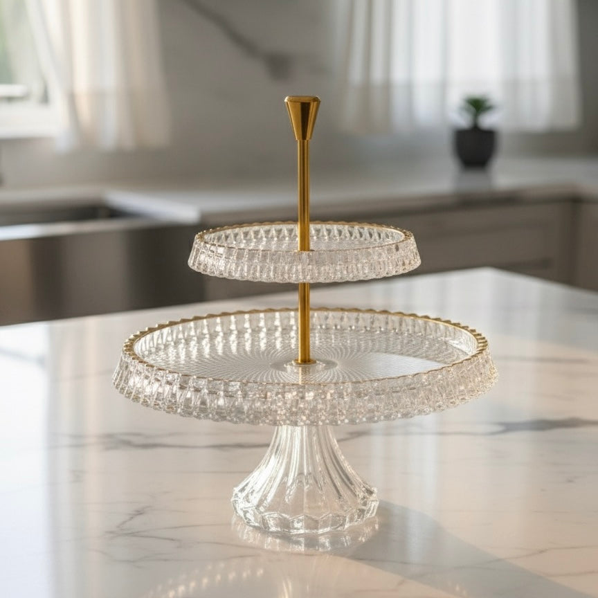 Mawaeen 2-Tier Round Luxury Glass Stand with Golden Rim