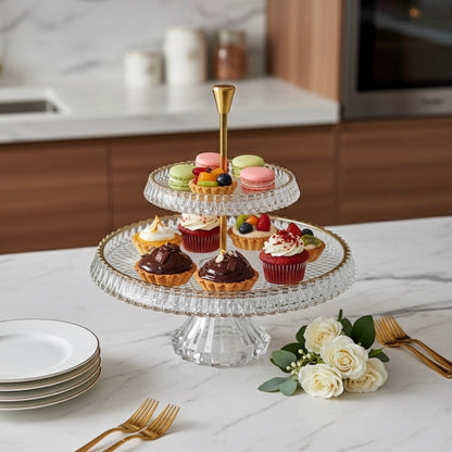 Mawaeen 2-Tier Round Luxury Glass Stand with Golden Rim