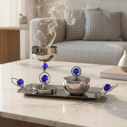 Luxury Incense Burner Gift Set in Wooden Box- B/Silver