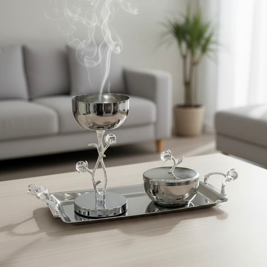 Luxury Incense Burner Gift Set in Wooden Box- W/Flower