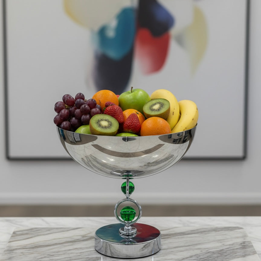 Mawaeen Premium Fruit Bowl – Stainless Steel Base with Green Crystal Accents (L)
