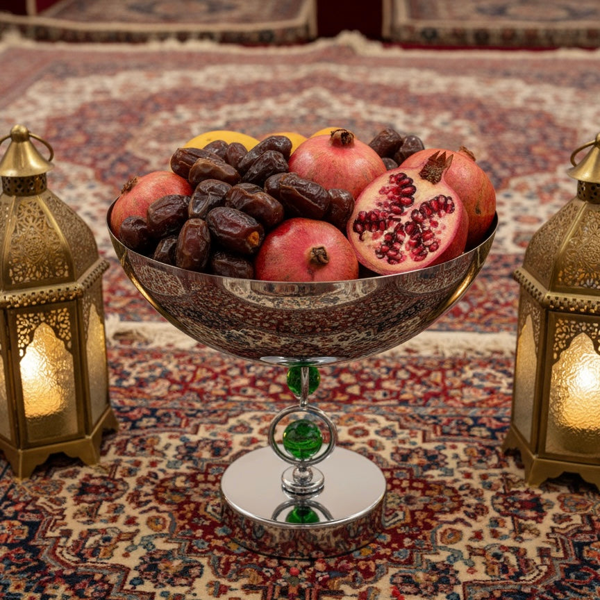 Mawaeen Premium Fruit Bowl – Stainless Steel Base with Green Crystal Accents (L)