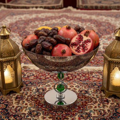 Mawaeen Premium Fruit Bowl – Stainless Steel Base with Green Crystal Accents (L)