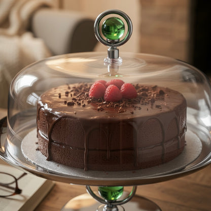 Mawaeen Metal Cake Stand with Cover & Green Crystal Accent – Silver