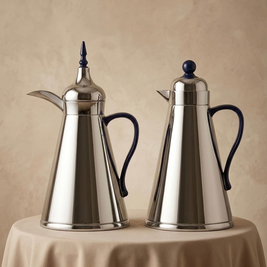 NGT 2-Piece Dallah Set Classic Design Silver Blue – 1L + 1L - Mawaeen