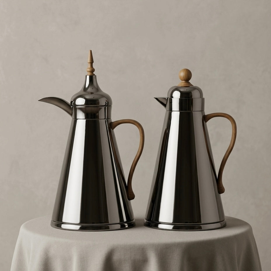 NGT 2-Piece Dallah Set Classic Design Chrome Wood – 1L + 1L - Mawaeen