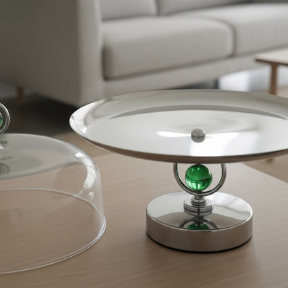 Mawaeen Metal Cake Stand with Cover & Green Crystal Accent – Silver