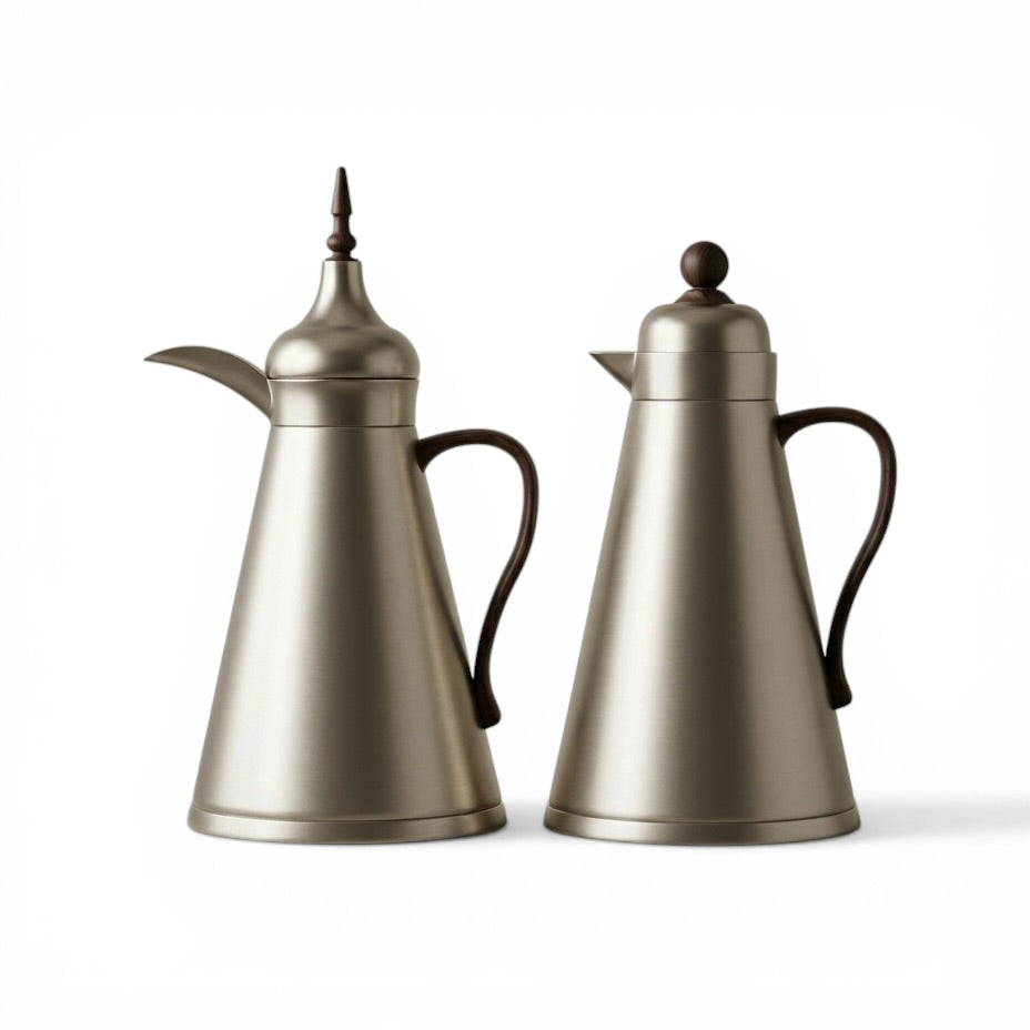 NGT 2-Piece Dallah Set Classic Design M/Silver Wood – 1L + 1L - Mawaeen