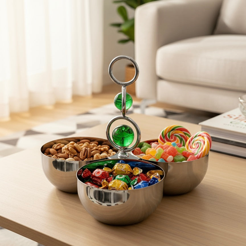 Mawaeen 3-Bowl Snack Stand – Small Stainless Steel Design with Green Crystal Handle