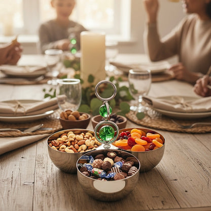 Mawaeen 3-Bowl Snack Stand – Small Stainless Steel Design with Green Crystal Handle