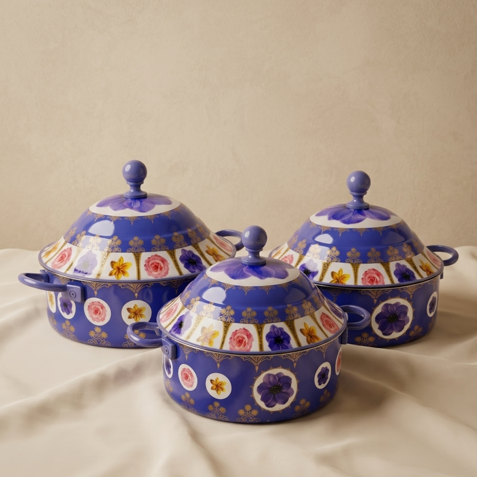 Floral Food Warmer Set Blue – 3 Pieces (2.5L, 3.5L, 5.5L)